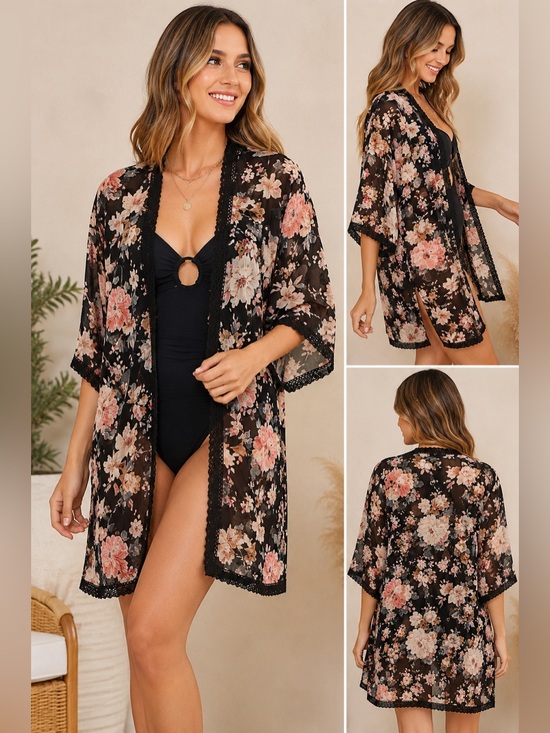 Other - Black Floral Chiffon Kimono Cardigan | Lace Trim Open Front Boho Cover-Up